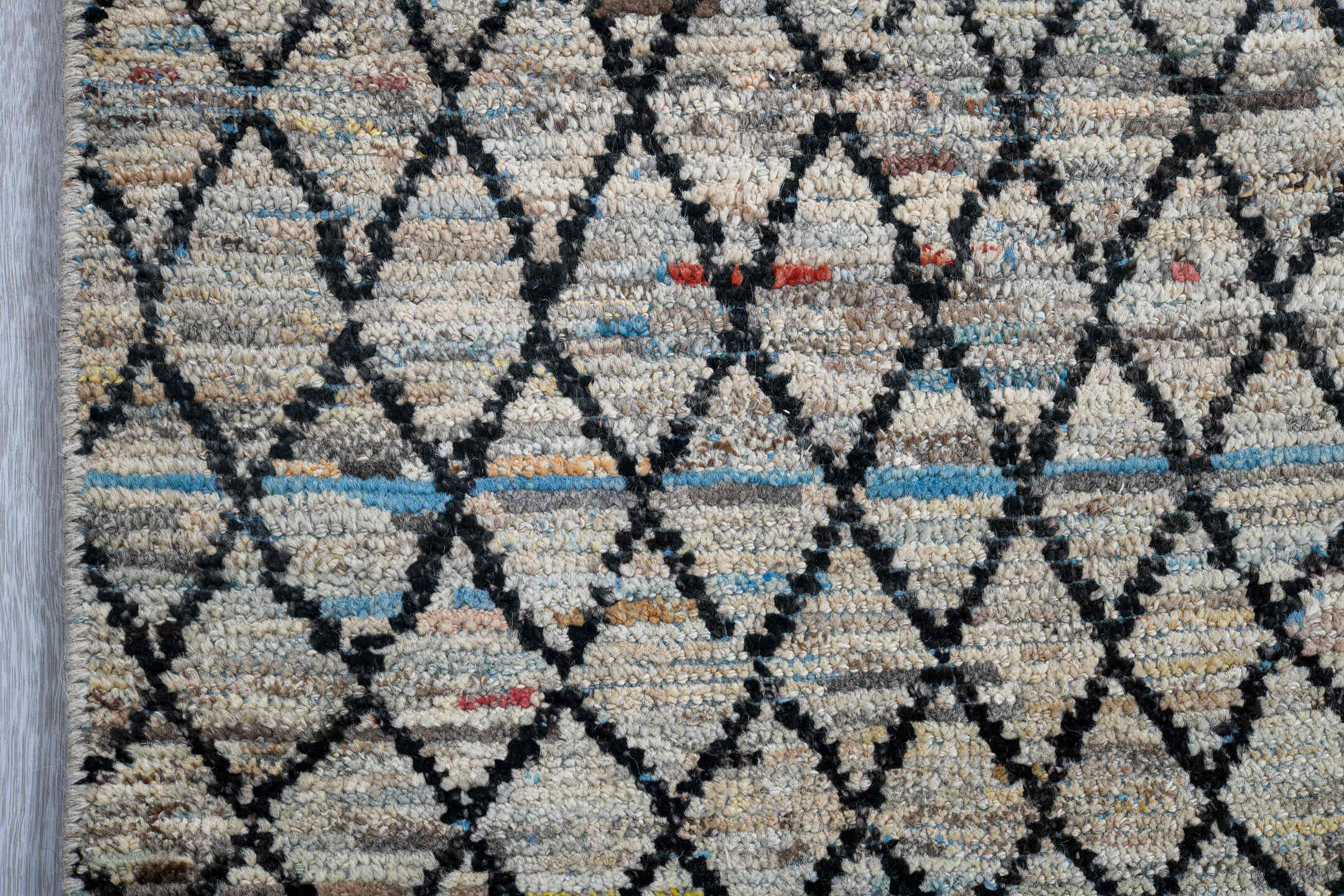 2' x 9' one-of-a-kind handmade vintage Tulu runner rug. Color palette: ivory, charcoal, slate, pale blue, rose, saffron
