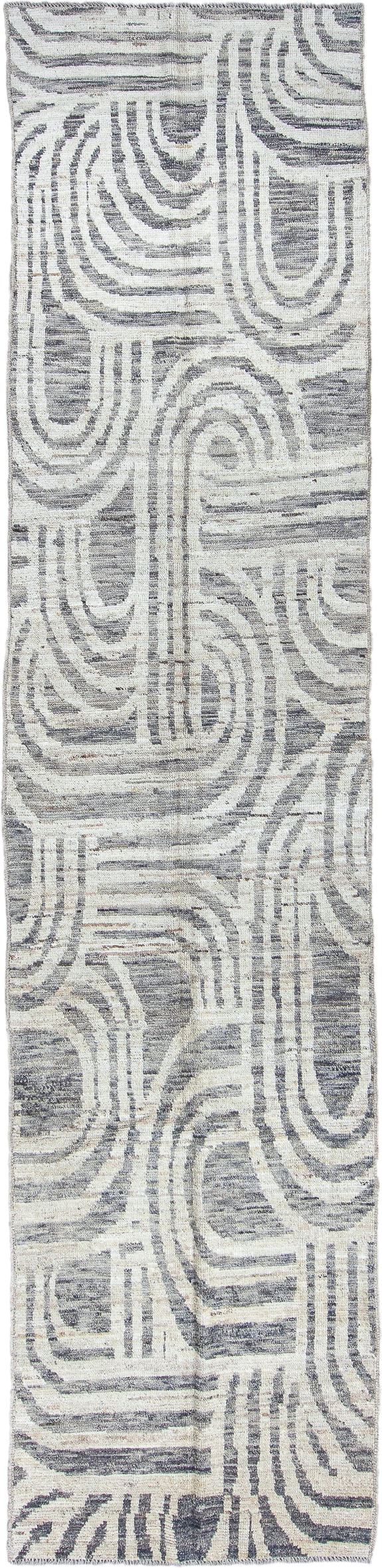 3' x 12' one-of-a-kind handmade vintage Tulu runner rug. Color palette: ivory, gray, charcoal, taupe, black, beige