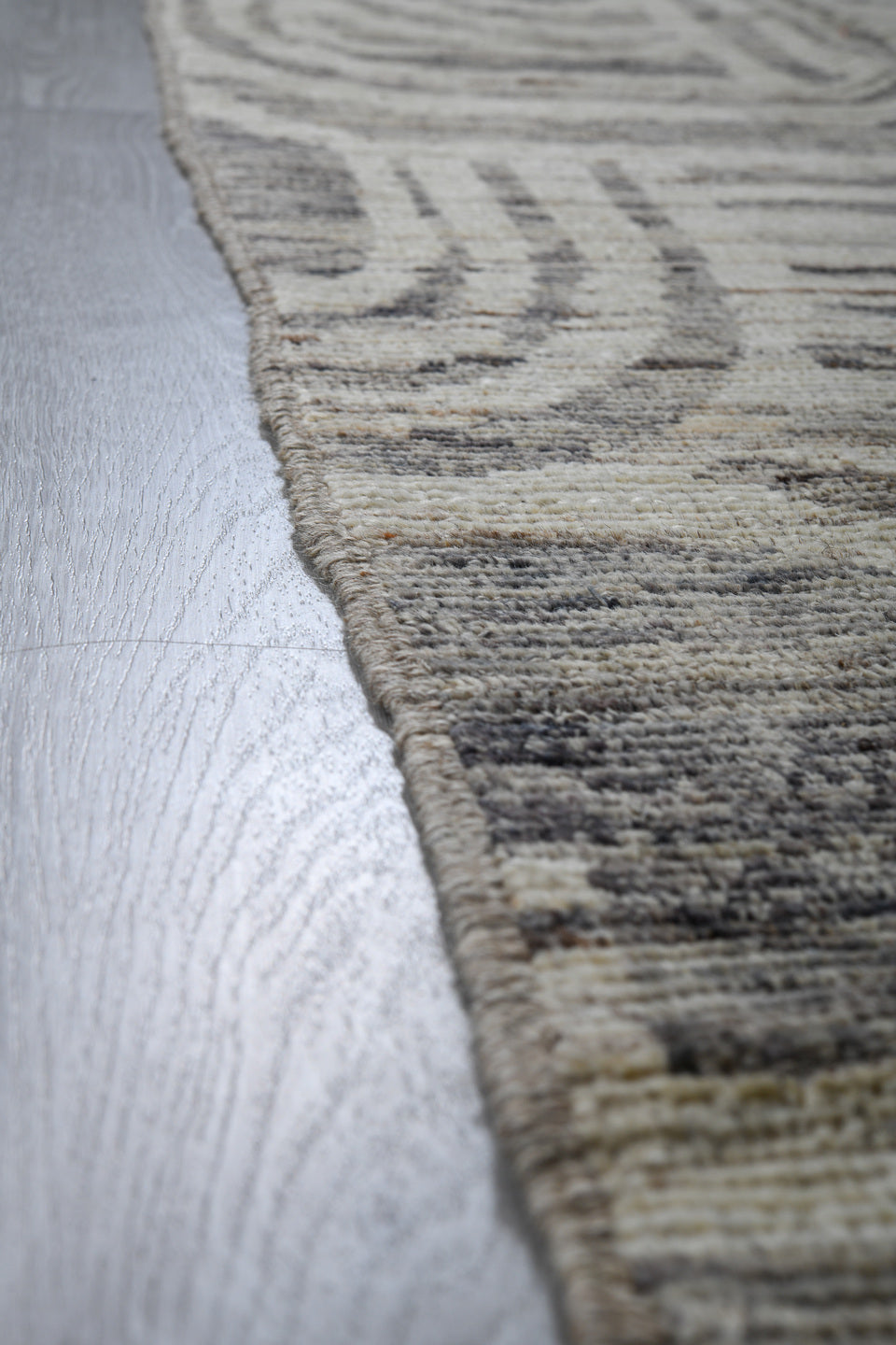 3' x 12' one-of-a-kind handmade vintage Tulu runner rug. Color palette: ivory, gray, charcoal, taupe, black, beige