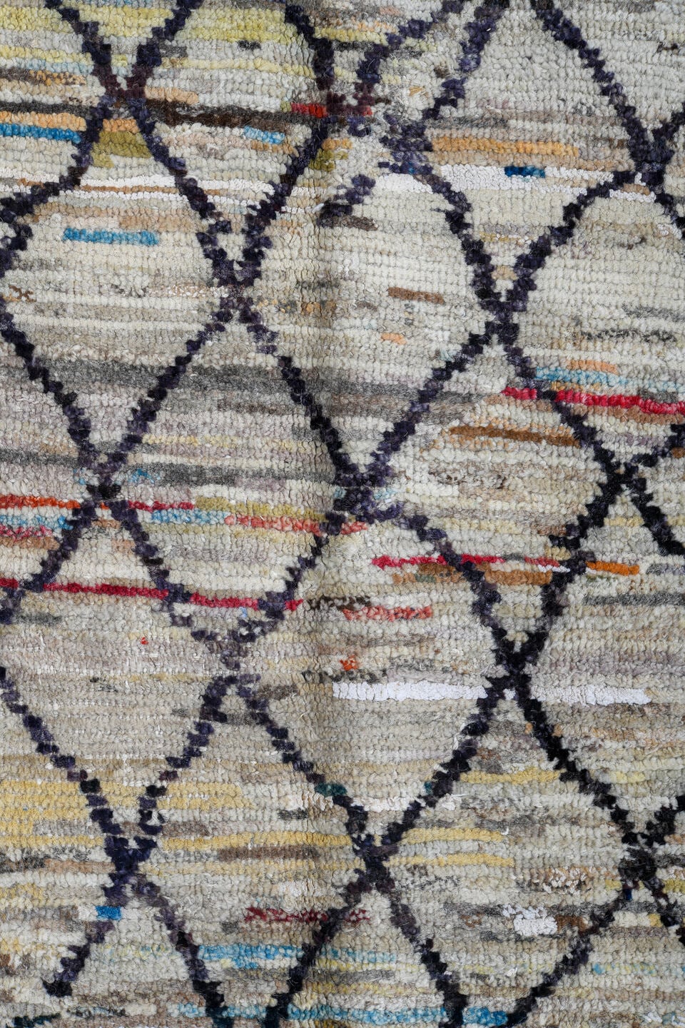 2' x 10' one-of-a-kind handmade vintage Tulu runner rug. Color palette: ivory, charcoal, taupe, camel, faded red, slate