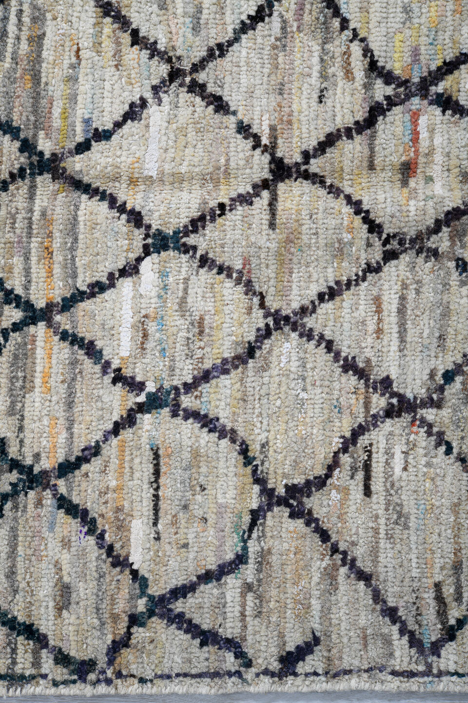 2' x 10' one-of-a-kind handmade vintage Tulu runner rug. Color palette: ivory, charcoal, taupe, camel, faded red, slate