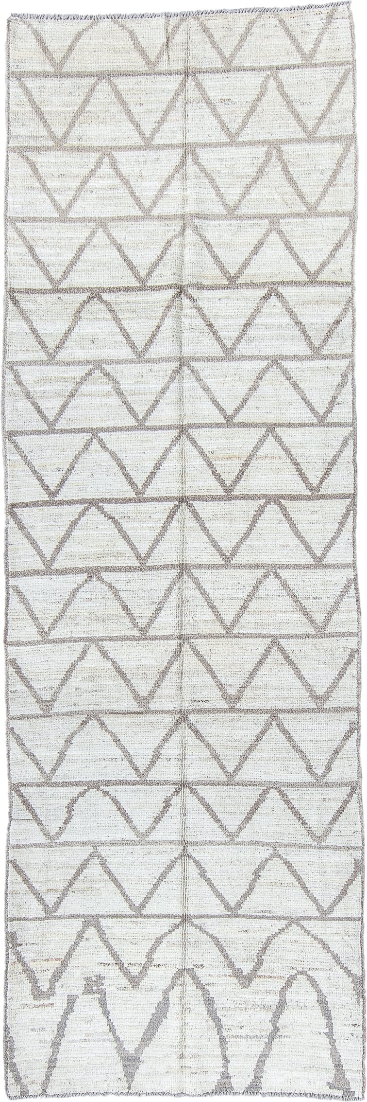 3' x 9' one-of-a-kind handmade vintage Tulu runner rug. Color palette: ivory, taupe, gray, beige