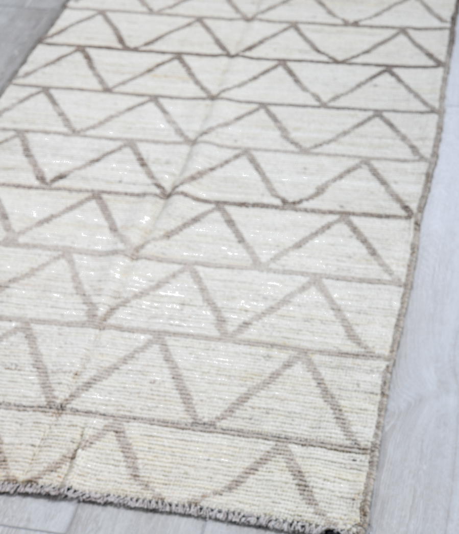 3' x 9' one-of-a-kind handmade vintage Tulu runner rug. Color palette: dark gray, dim gray, gainsboro, gray, light gray