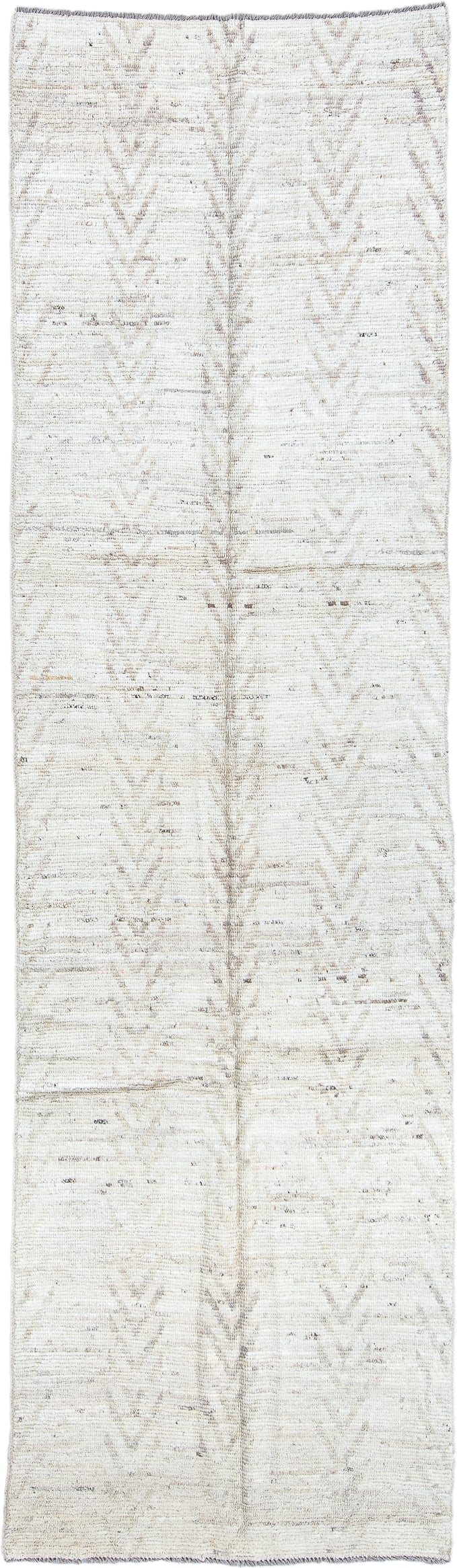 3' x 10' one-of-a-kind handmade vintage Tulu runner rug. Color palette: ivory, taupe, beige, gray