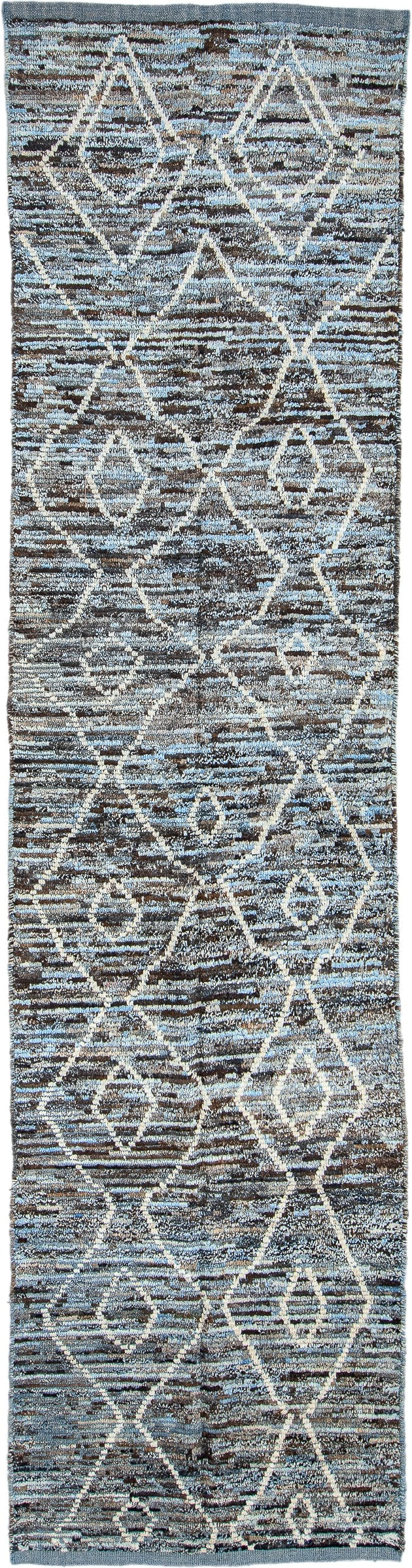 3' x 13' one-of-a-kind handmade vintage Tulu runner rug. Color palette: blue_gray, charcoal, ivory, slate, taupe, gray, blue