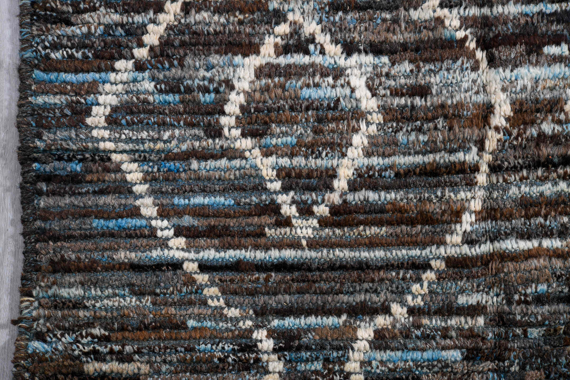 3' x 13' one-of-a-kind handmade vintage Tulu runner rug. Color palette: blue_gray, charcoal, ivory, slate, taupe, gray, blue