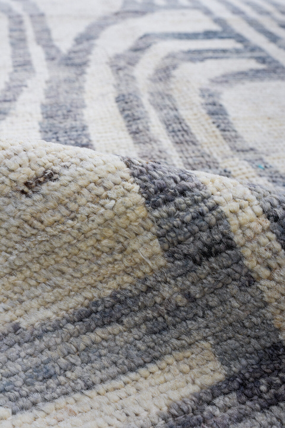 3' x 13' one-of-a-kind handmade vintage Tulu runner rug. Color palette: ivory, slate, charcoal, taupe, cream, gray, black