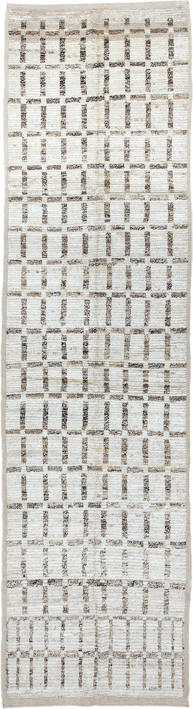 3' x 13' one-of-a-kind handmade vintage Tulu runner rug. Color palette: ivory, taupe, brown, cream, beige, gray