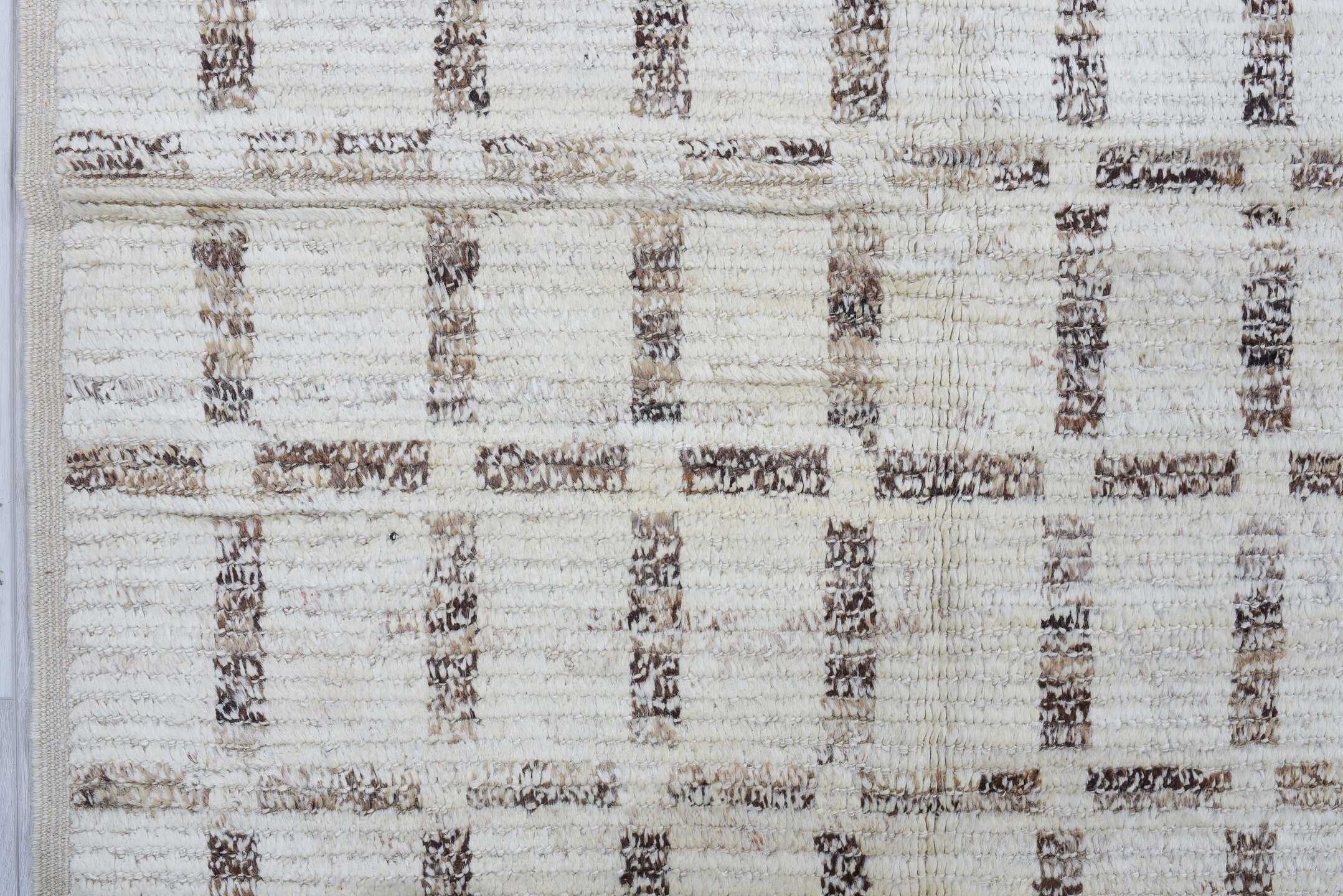 3' x 13' one-of-a-kind handmade vintage Tulu runner rug. Color palette: ivory, taupe, brown, cream, beige, gray