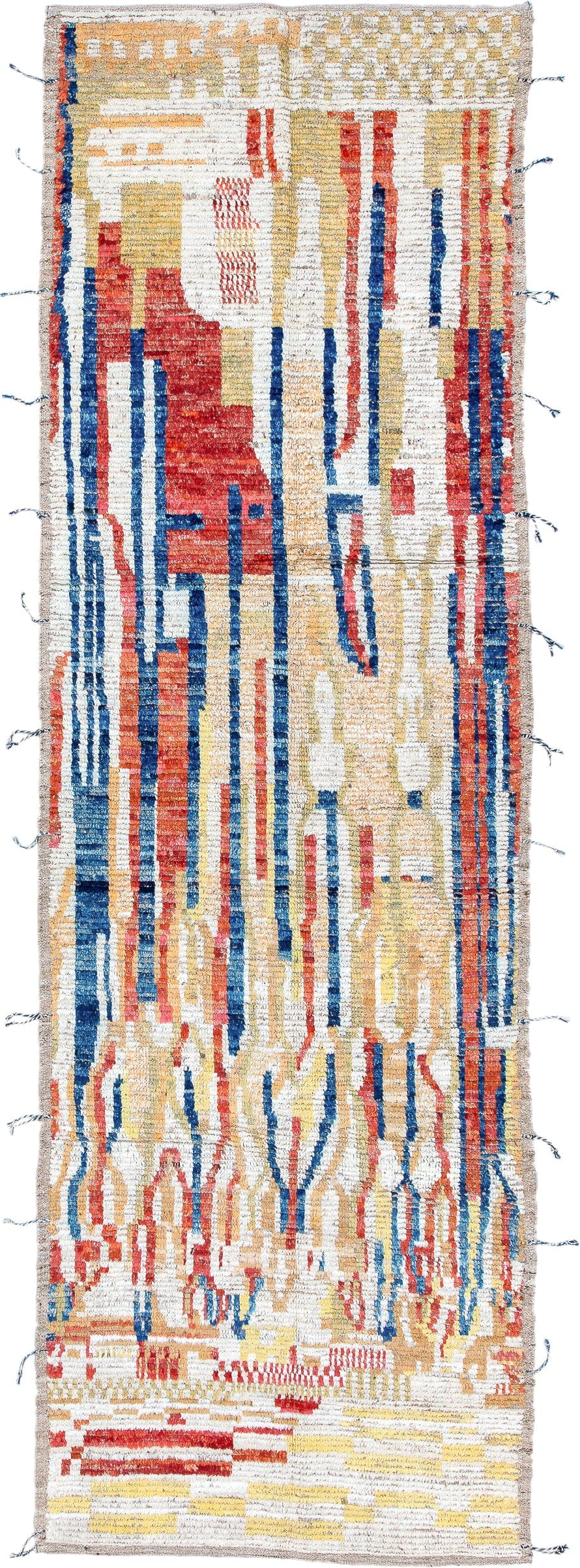3' x 9' one-of-a-kind handmade vintage Tulu runner rug. Color palette: ivory, red, blue, gold, camel, beige