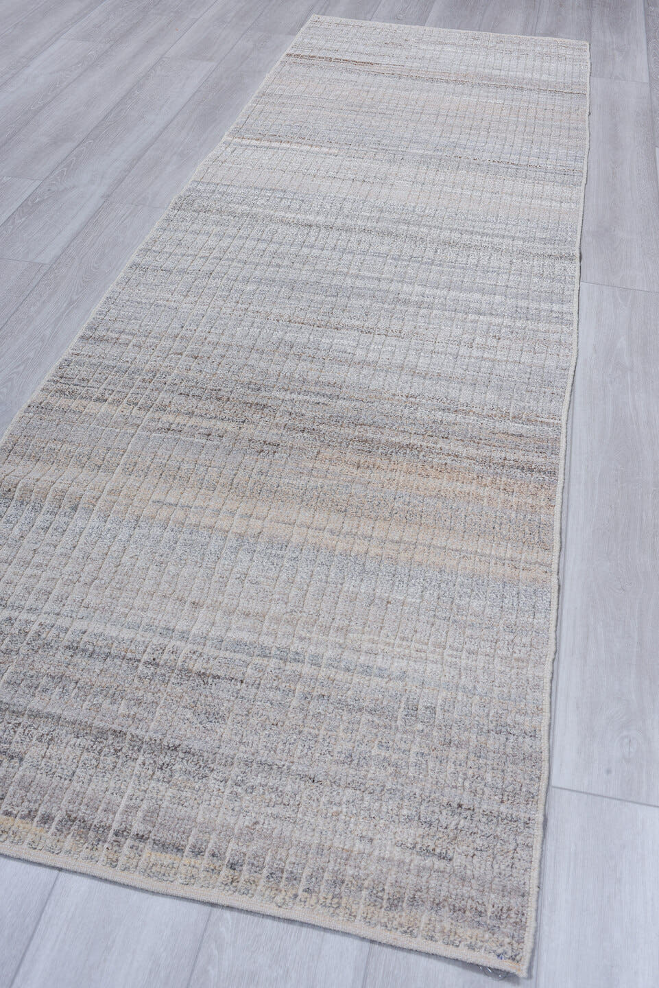 3' x 9' one-of-a-kind handmade vintage Tulu runner rug. Color palette: ivory, taupe, gray, beige, charcoal, black