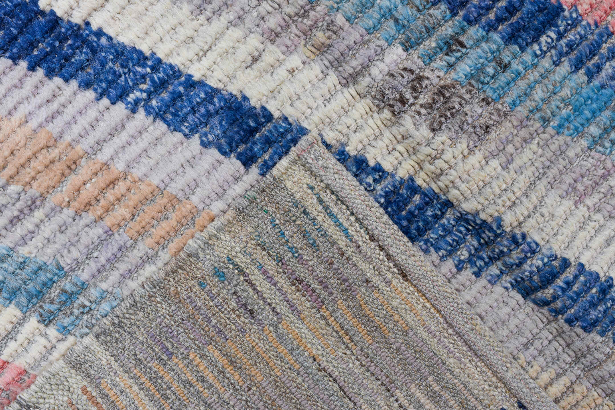 3' x 13' one-of-a-kind handmade vintage Tulu runner rug. Color palette: ivory, sky blue, navy, blush, sand, taupe