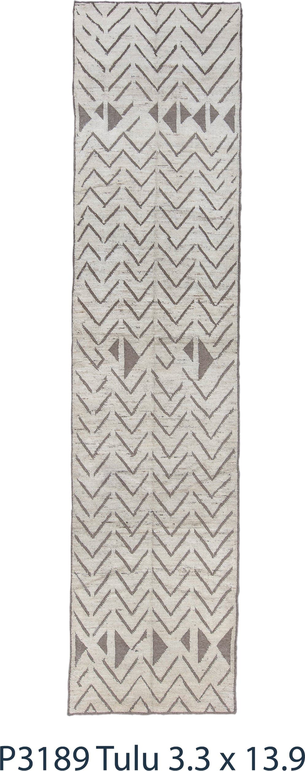 3' x 13' one-of-a-kind handmade vintage Tulu runner rug. Color palette: ivory, taupe, brown, camel, beige, gray