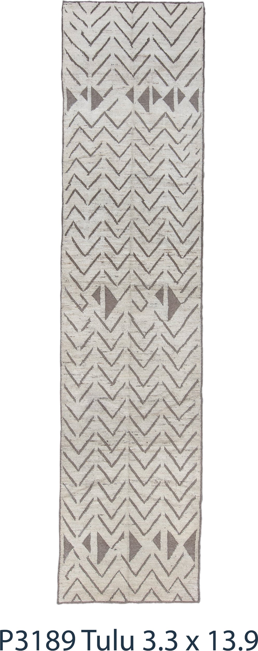 3' x 13' one-of-a-kind handmade vintage Tulu runner rug. Color palette: ivory, taupe, brown, camel, beige, gray