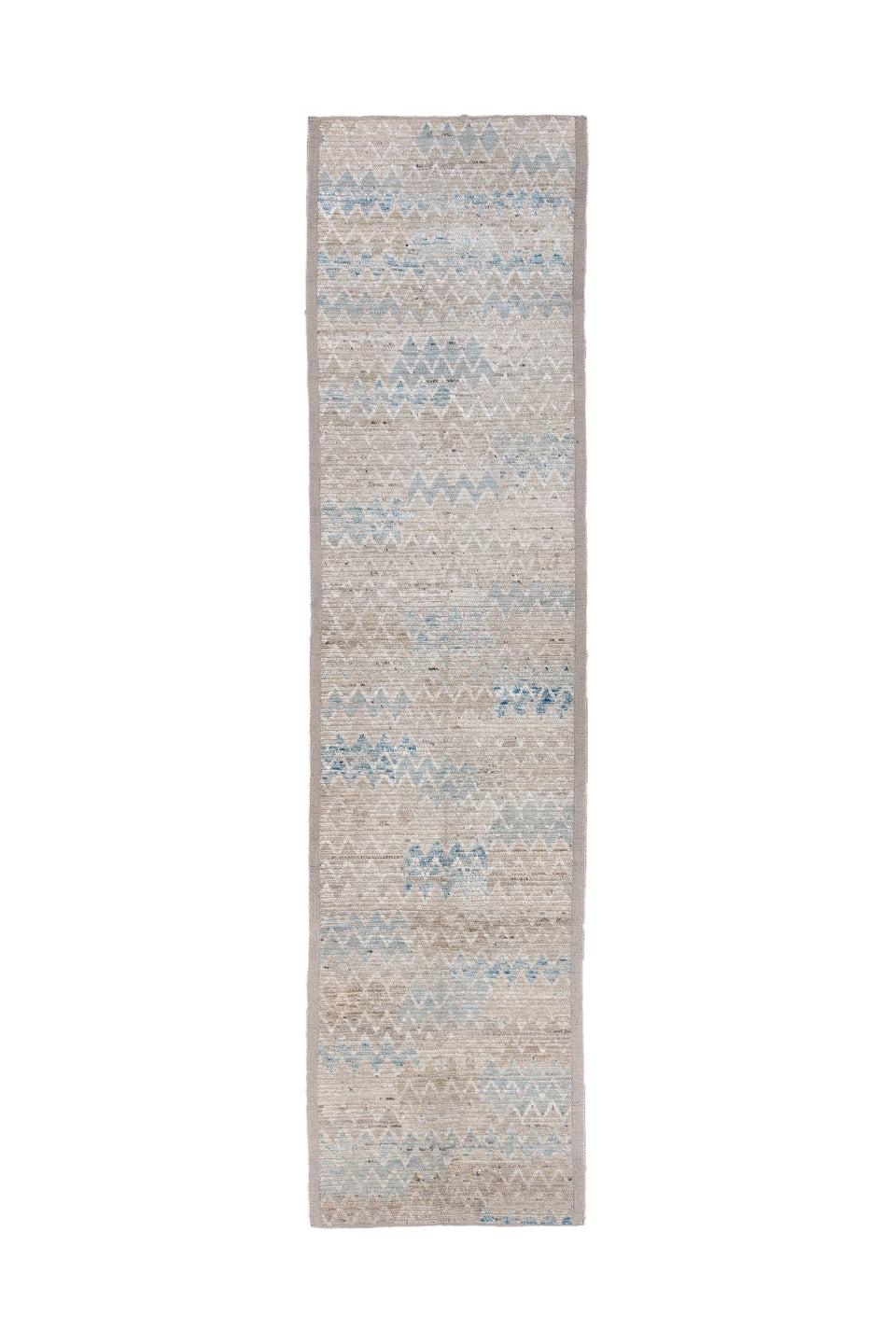 3' x 13' one-of-a-kind handmade vintage Tulu runner rug. Color palette: taupe, ivory, pale blue, beige, cream, gray