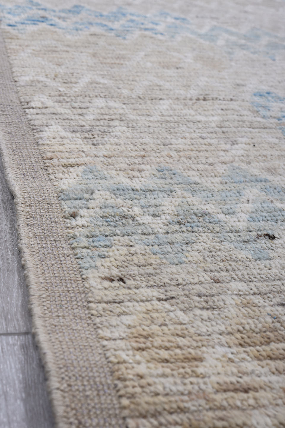 3' x 13' one-of-a-kind handmade vintage Tulu runner rug. Color palette: taupe, ivory, pale blue, beige, cream, gray