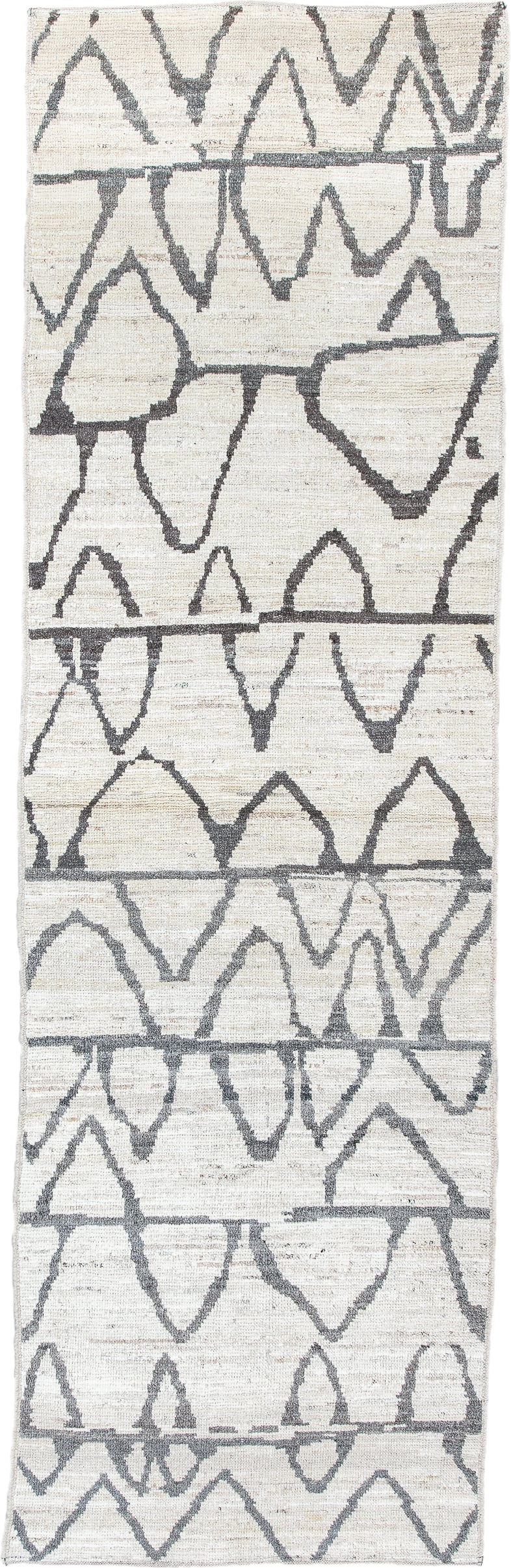 3' x 9' one-of-a-kind handmade vintage Tulu runner rug. Color palette: ivory, charcoal, gray, black