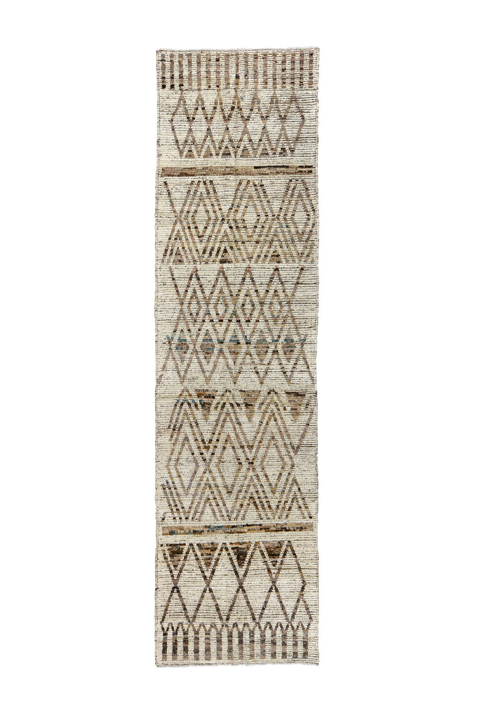 3' x 12' one-of-a-kind handmade vintage Tulu runner rug. Color palette: blue, brown, dark gray, gray, light gray, off-white