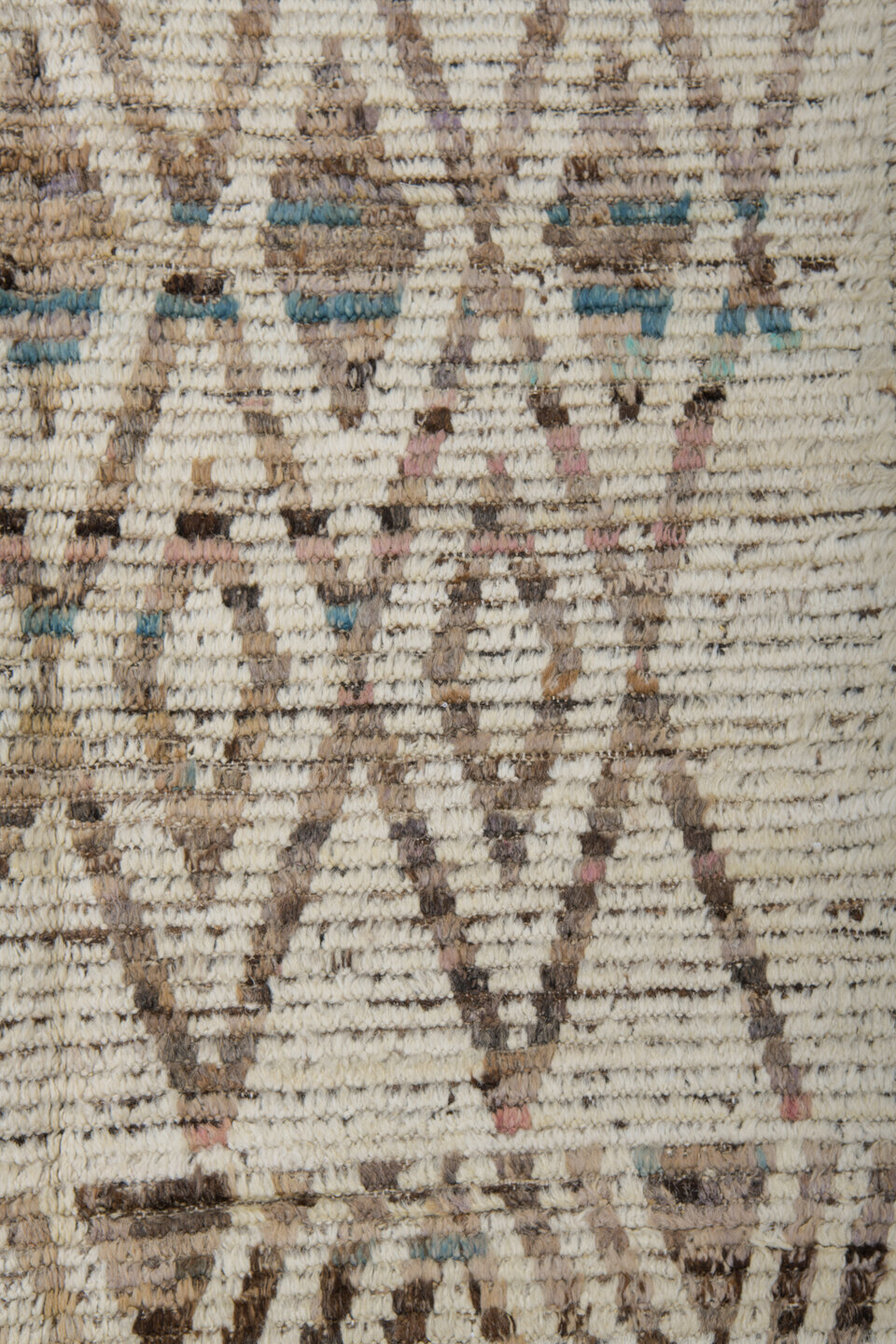 3' x 12' one-of-a-kind handmade vintage Tulu runner rug. Color palette: ivory, taupe, brown, charcoal, camel, faint teal