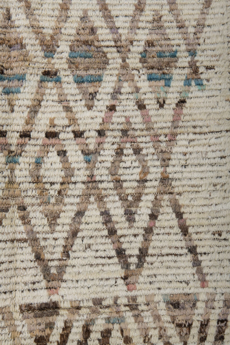 3' x 12' one-of-a-kind handmade vintage Tulu runner rug. Color palette: ivory, taupe, brown, charcoal, camel, faint teal
