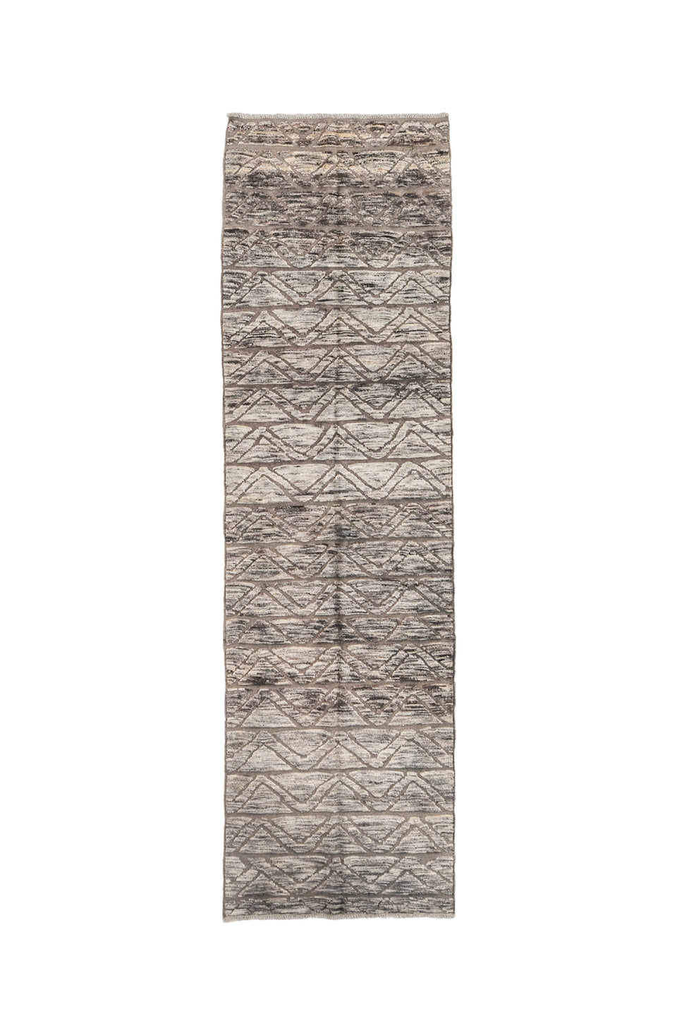 2' x 10' one-of-a-kind handmade vintage Tulu runner rug. Color palette: black, dark gray, gray, light gray, off-white, pink