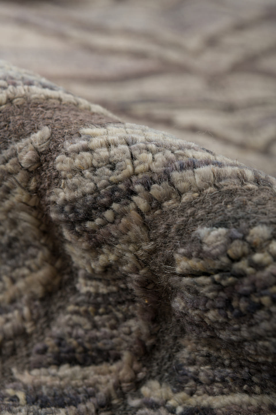 2' x 10' one-of-a-kind handmade vintage Tulu runner rug. Color palette: taupe, ivory, charcoal, gray, beige, black