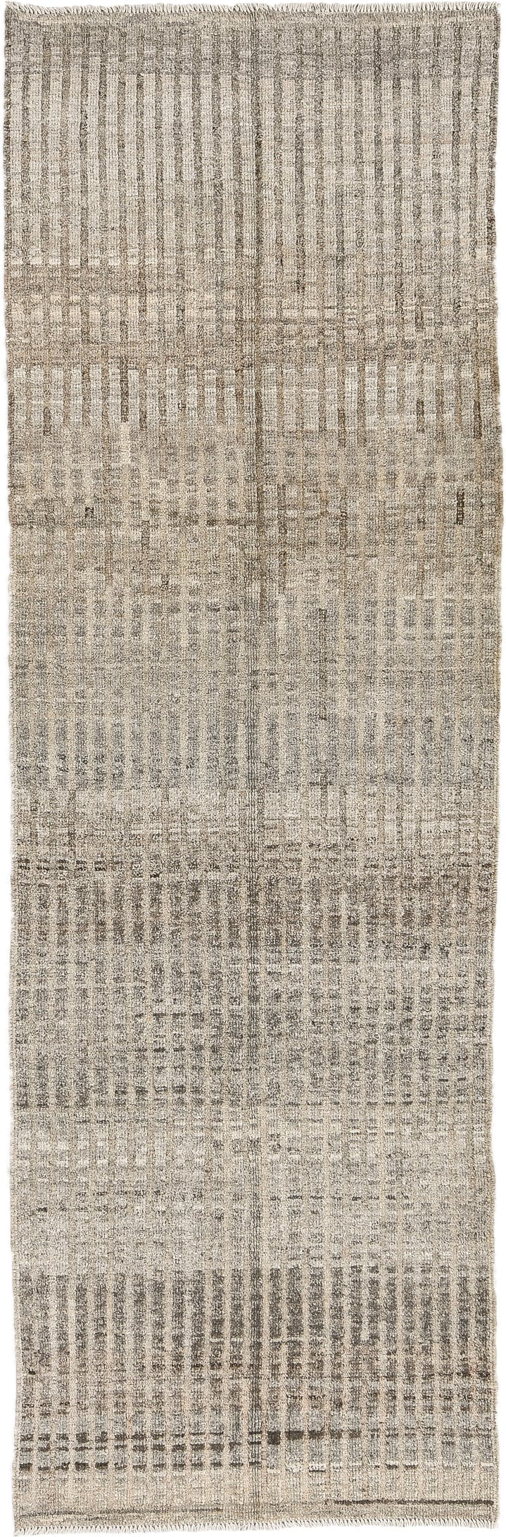 3' x 9' one-of-a-kind handmade vintage Tulu runner rug. Color palette: ivory, taupe, gray, charcoal, beige, black