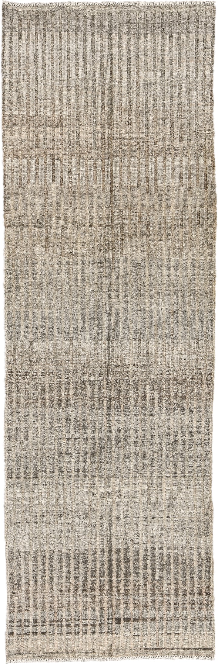 3' x 9' one-of-a-kind handmade vintage Tulu runner rug. Color palette: ivory, taupe, gray, charcoal, beige, black