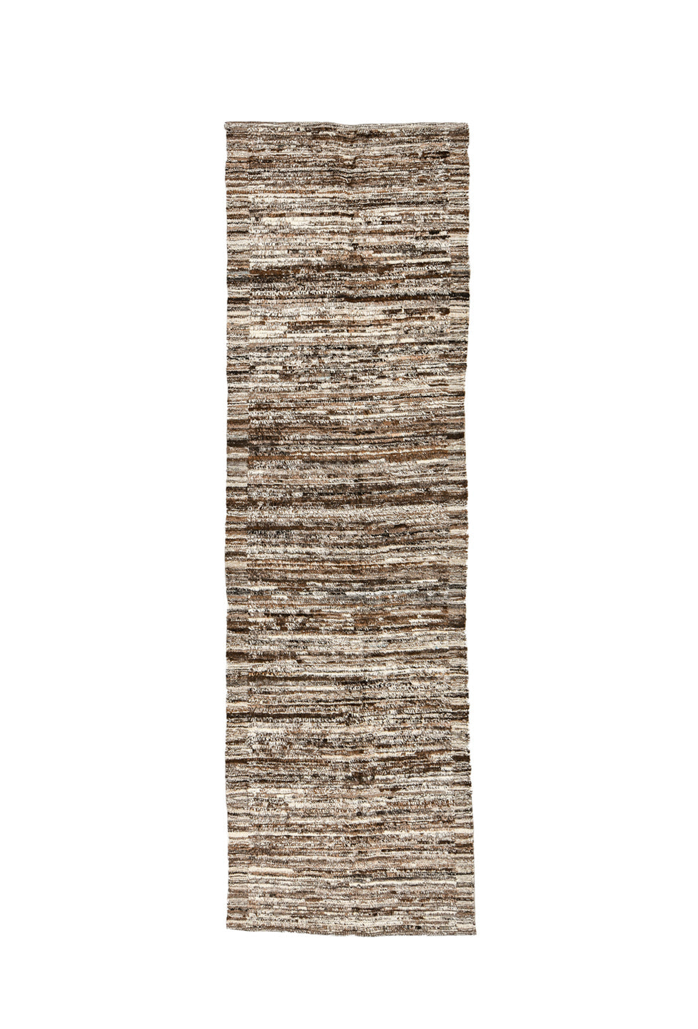 3' x 10' one-of-a-kind handmade vintage Tulu runner rug. Color palette: brown, dark gray, gray, light gray, off-white