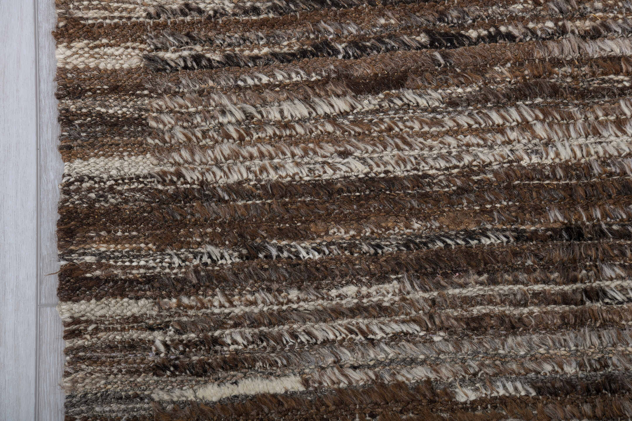 3' x 10' one-of-a-kind handmade vintage Tulu runner rug. Color palette: brown, dark gray, gray, light gray, off-white