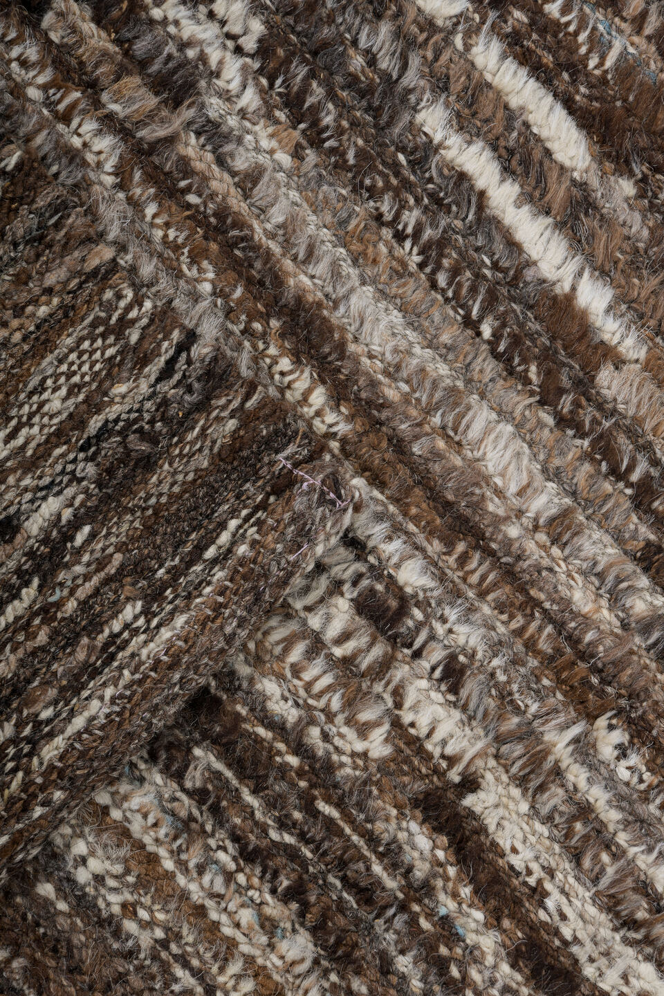 3' x 10' one-of-a-kind handmade vintage Tulu runner rug. Color palette: brown, dark gray, gray, light gray, off-white