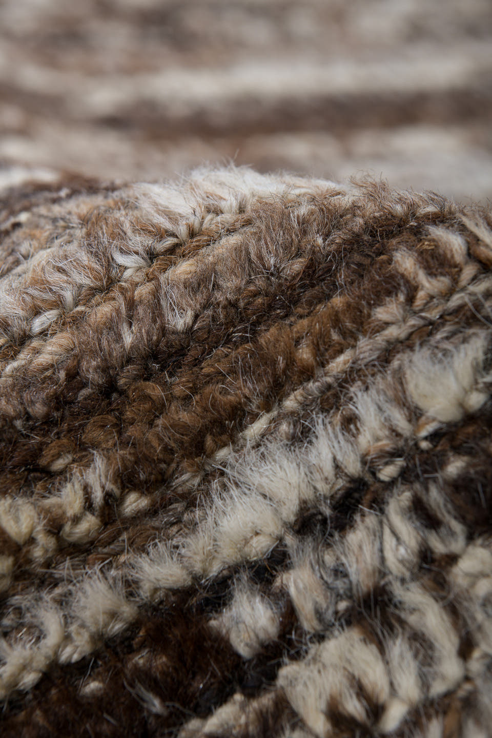 3' x 10' one-of-a-kind handmade vintage Tulu runner rug. Color palette: brown, ivory, taupe, camel, charcoal, beige, gray