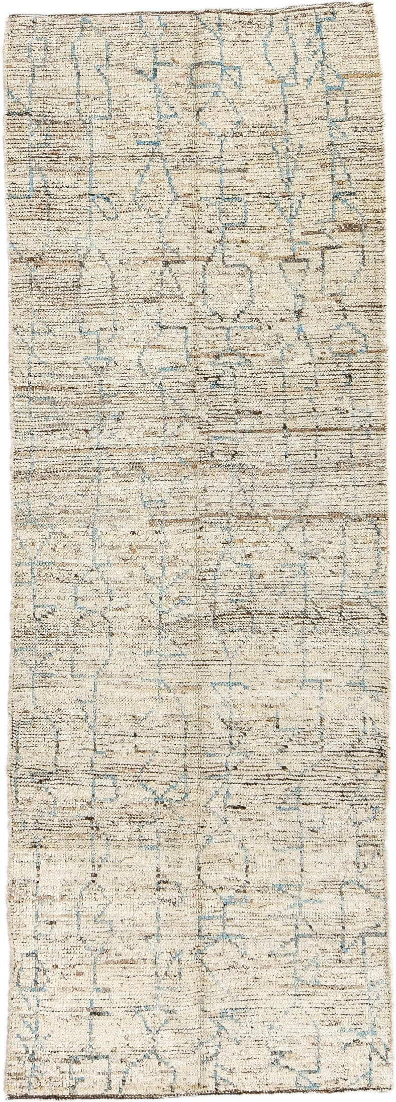 3' x 8' one-of-a-kind handmade vintage Tulu runner rug. Color palette: ivory, sky blue, taupe, brown, cream, light blue