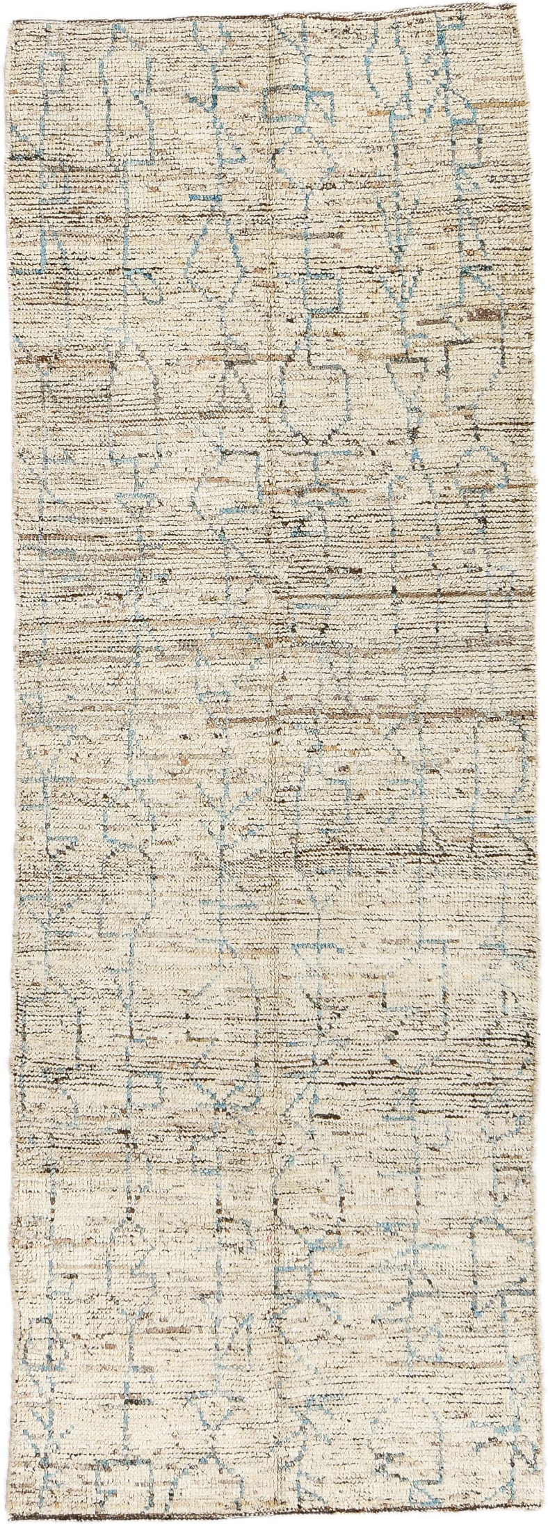 3' x 8' one-of-a-kind handmade vintage Tulu runner rug. Color palette: ivory, sky blue, taupe, brown, cream, light blue