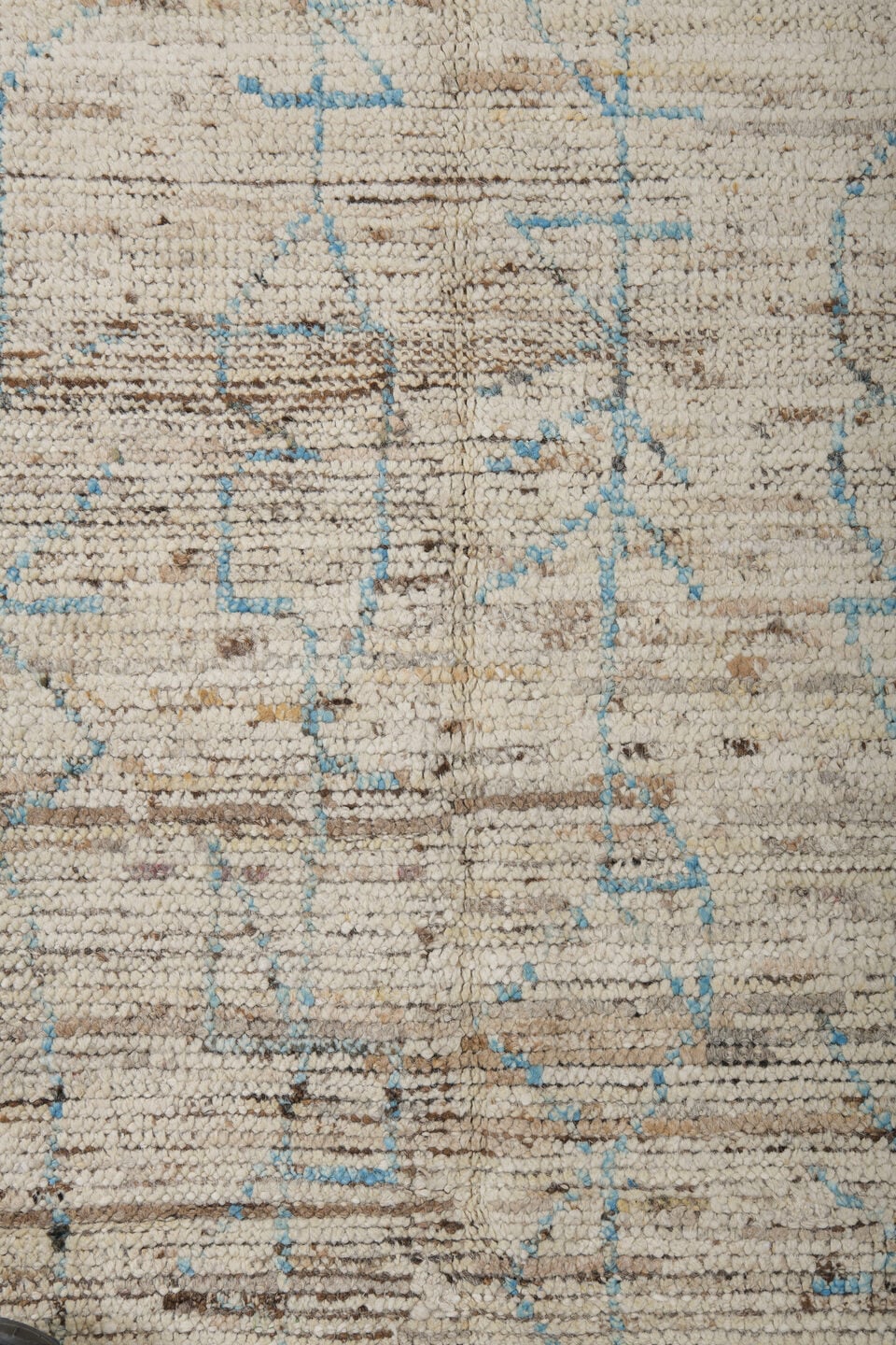 3' x 8' one-of-a-kind handmade vintage Tulu runner rug. Color palette: ivory, sky blue, taupe, brown, cream, light blue