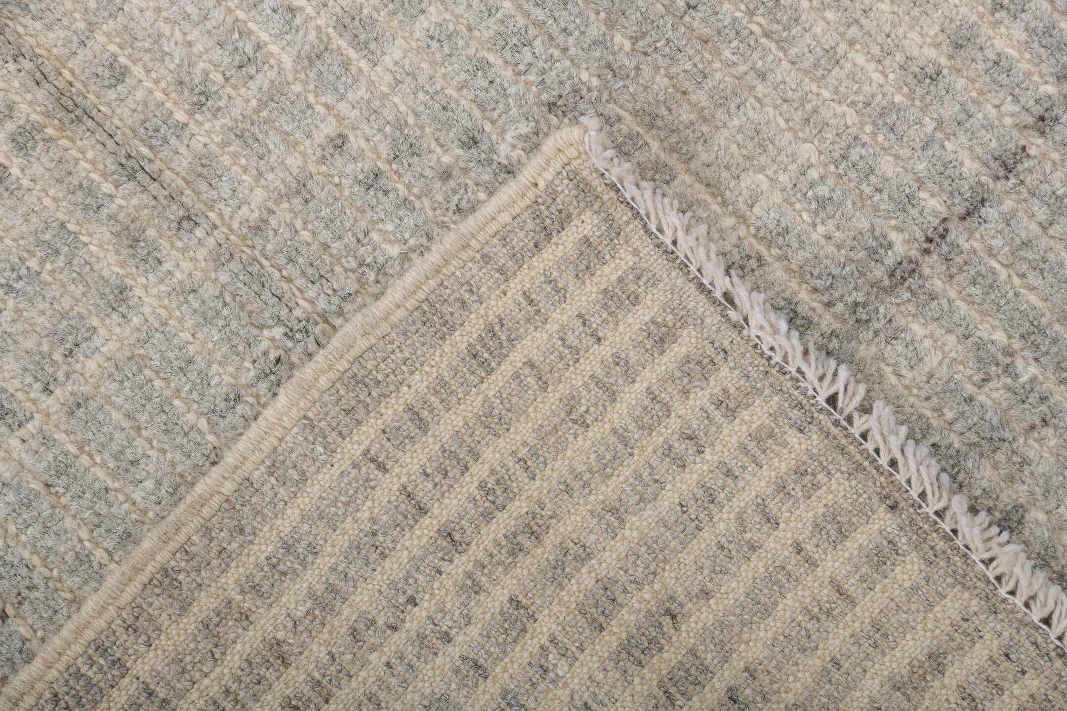 3' x 9' one-of-a-kind handmade vintage Tulu runner rug. Color palette: gray, light gray, off-white, silver