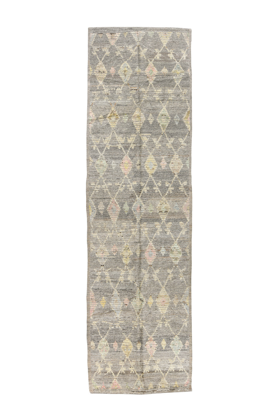 3' x 12' one-of-a-kind handmade vintage Tulu runner rug. Color palette: brown, gray, light gray, off-white, silver