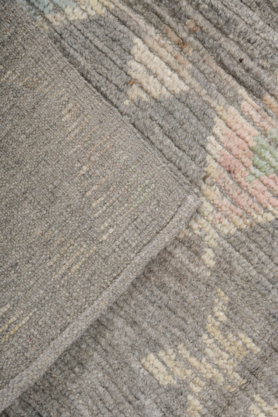 3' x 12' one-of-a-kind handmade vintage Tulu runner rug. Color palette: gray, ivory, cream, pale yellow, blush, sage, gold