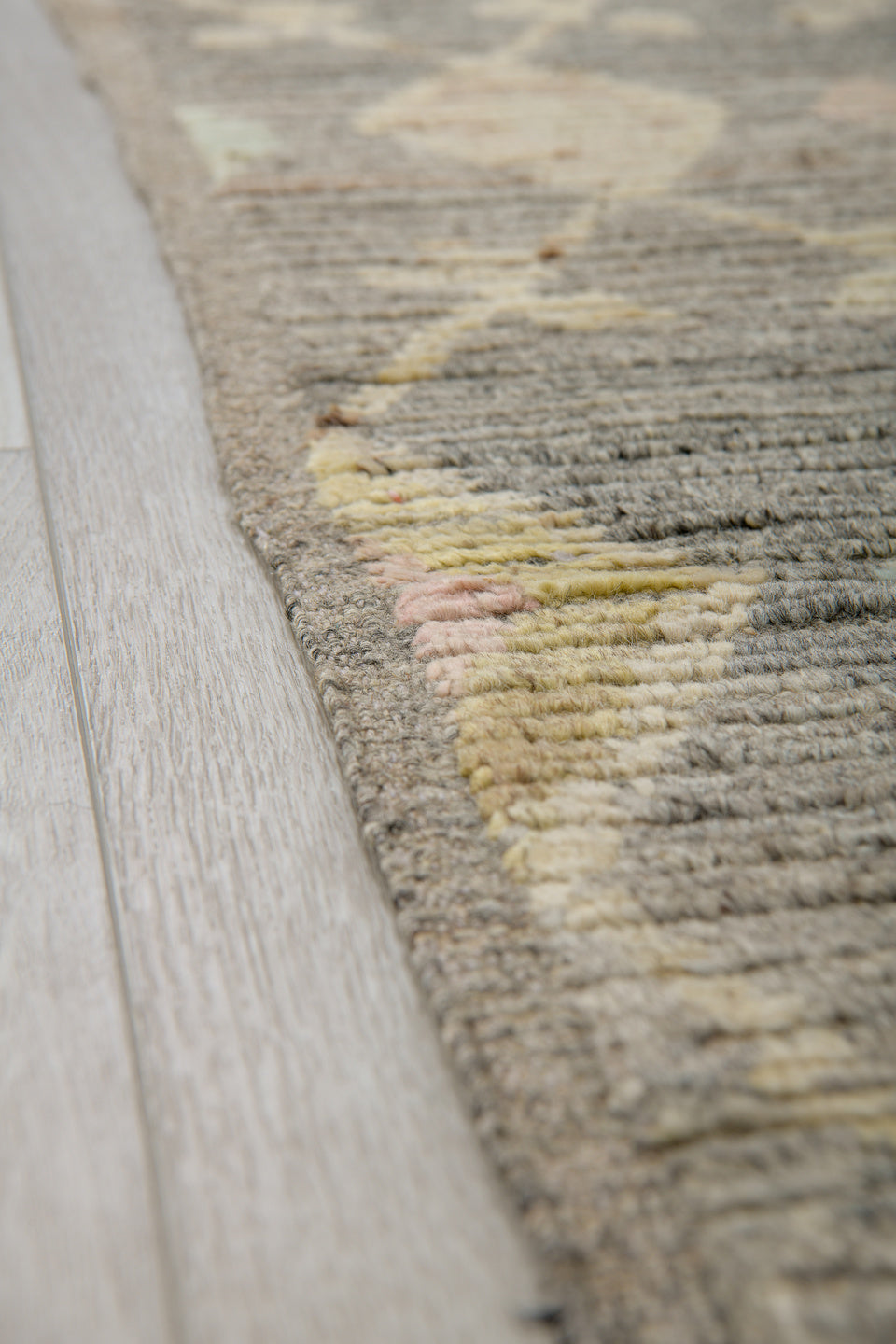 3' x 12' one-of-a-kind handmade vintage Tulu runner rug. Color palette: gray, ivory, cream, pale yellow, blush, sage, gold