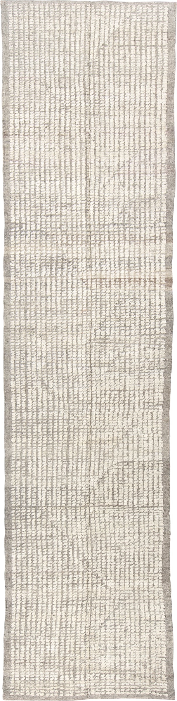2' x 12' one-of-a-kind handmade vintage Tulu runner rug. Color palette: ivory, taupe, cream, light gray, beige, gray