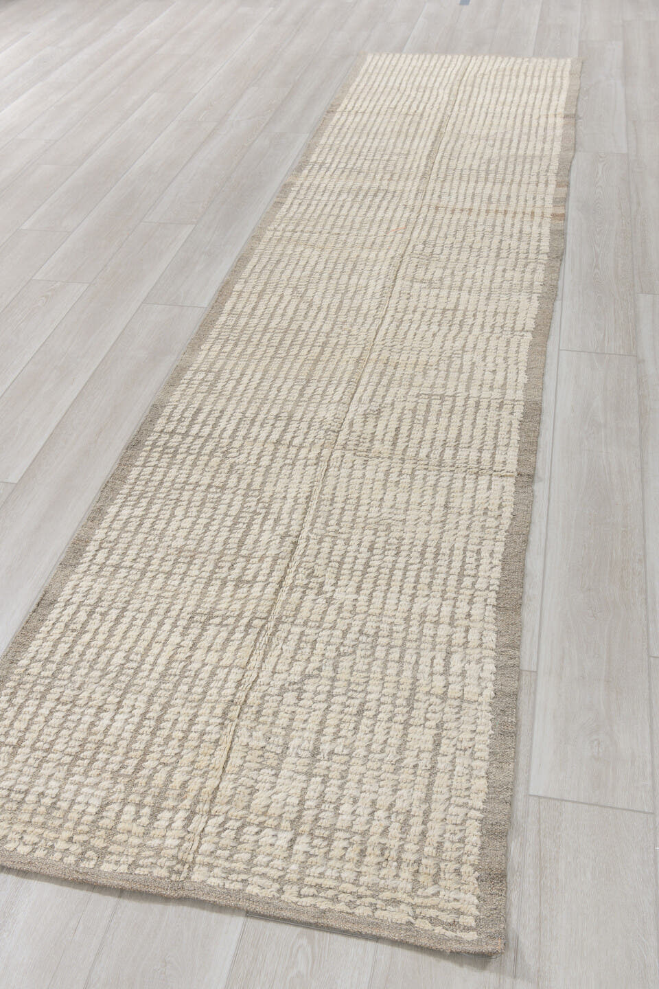 2' x 12' one-of-a-kind handmade vintage Tulu runner rug. Color palette: ivory, taupe, cream, light gray, beige, gray