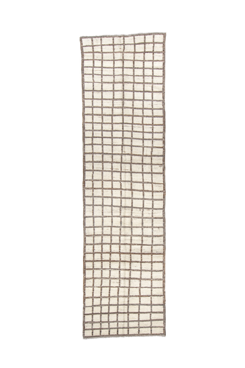 3' x 11' one-of-a-kind handmade vintage Tulu runner rug. Color palette: dark gray, gray, light gray, off-white, silver