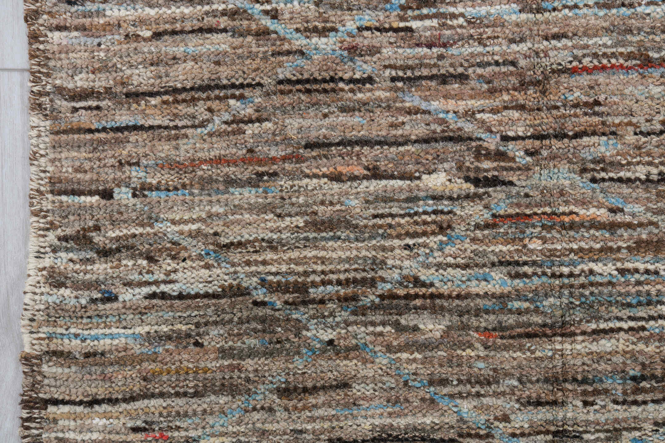 3' x 10' one-of-a-kind handmade vintage Tulu runner rug. Color palette: blue, brown, dim gray, gray, light gray, off-white