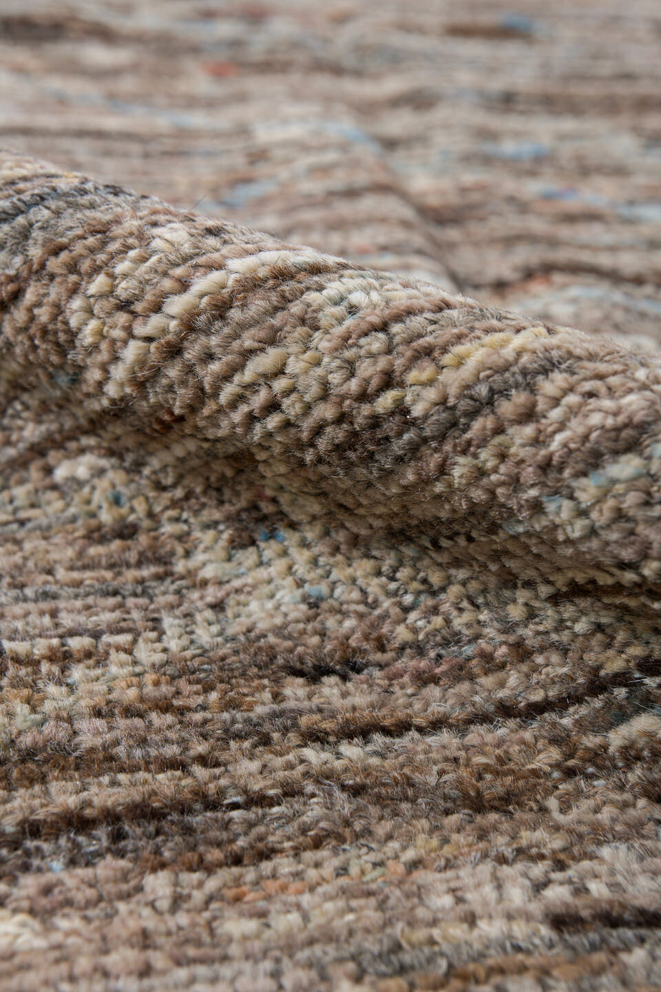 3' x 10' one-of-a-kind handmade vintage Tulu runner rug. Color palette: taupe, ivory, brown, camel, pale blue, beige, gray