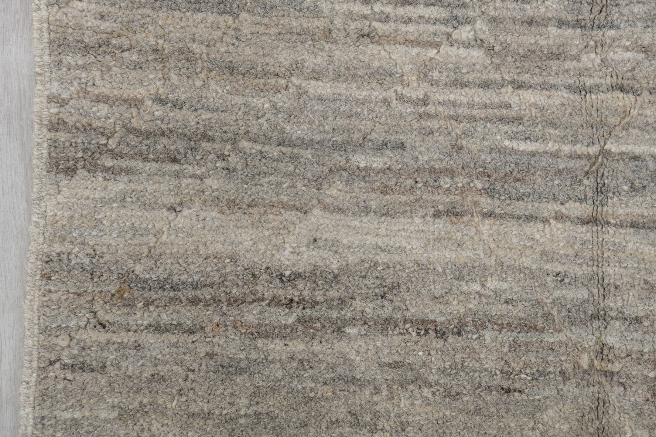 2' x 9' one-of-a-kind handmade vintage Tulu runner rug. Color palette: gray, light gray, off-white, pink, silver