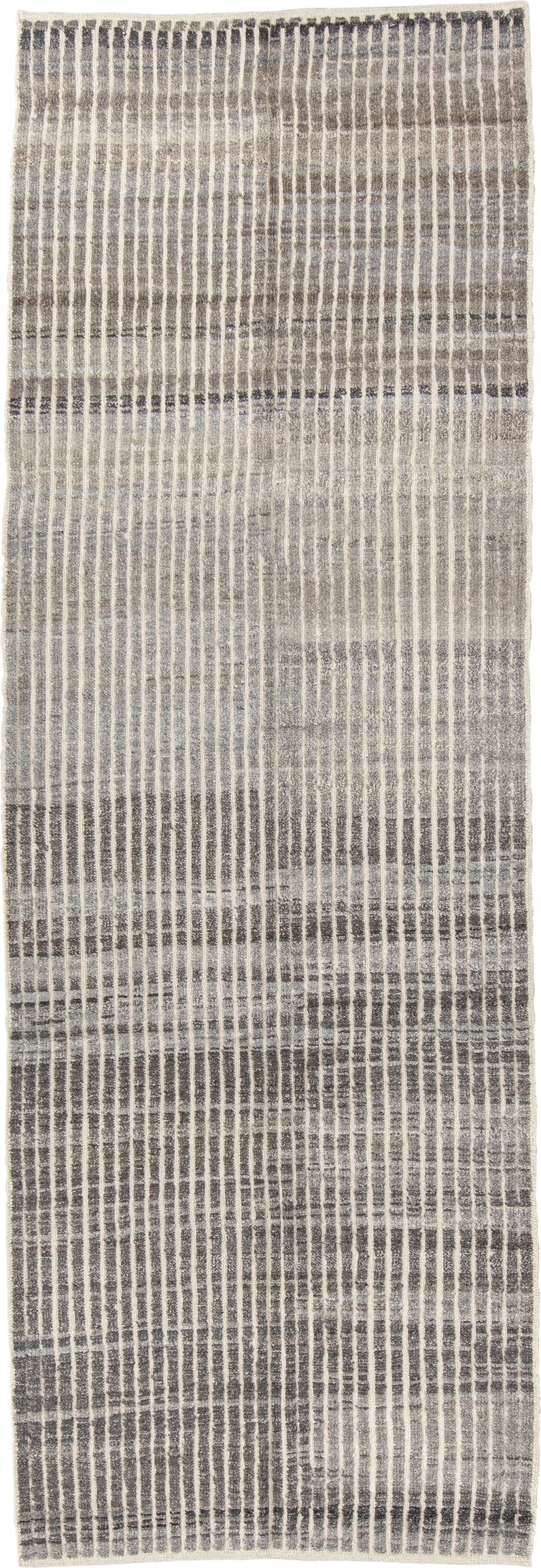 3' x 9' one-of-a-kind handmade vintage Tulu runner rug. Color palette: ivory, charcoal, gray, taupe, black, beige