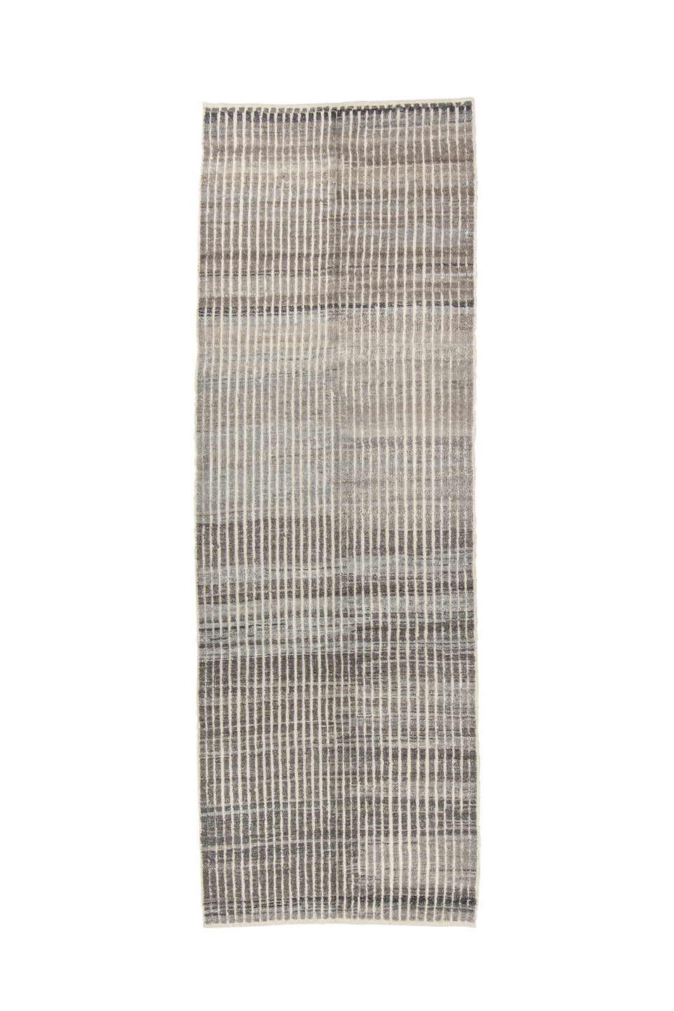 3' x 9' one-of-a-kind handmade vintage Tulu runner rug. Color palette: black, charcoal, dark gray, dim gray, gray