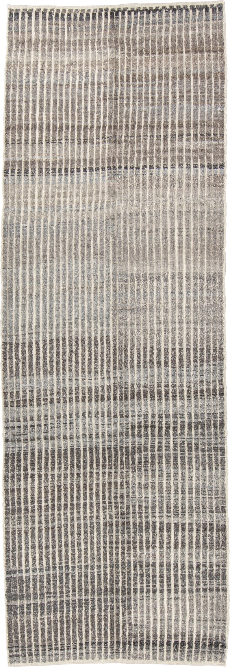 3' x 9' one-of-a-kind handmade vintage Tulu runner rug. Color palette: ivory, charcoal, gray, taupe, black, beige