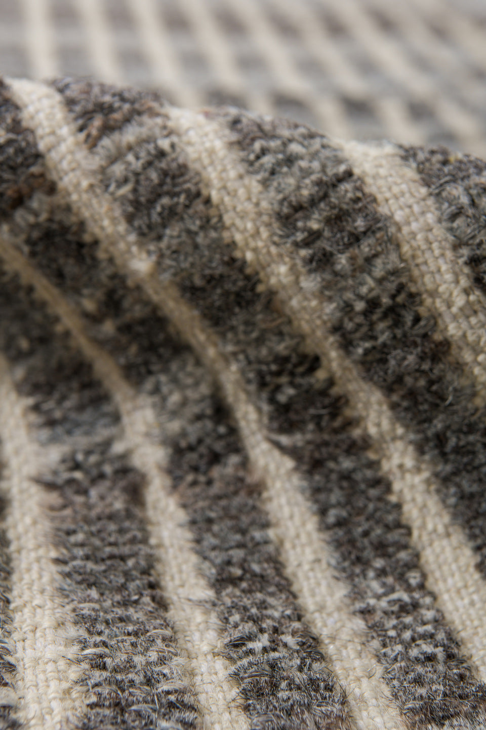 3' x 9' one-of-a-kind handmade vintage Tulu runner rug. Color palette: ivory, charcoal, gray, taupe, black, beige