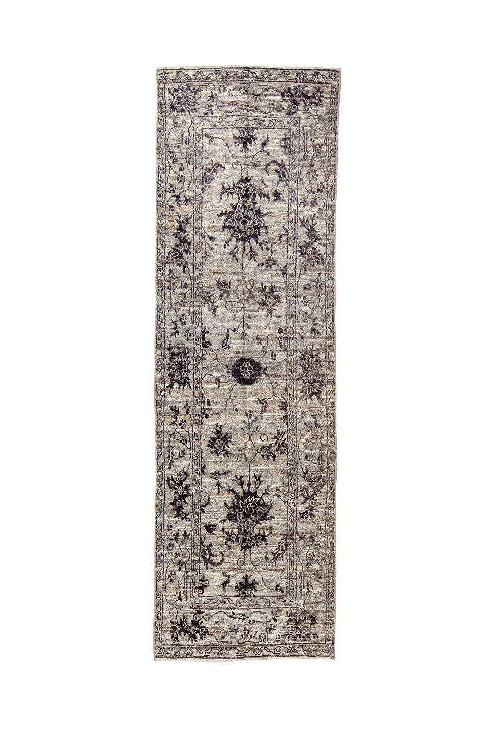 3' x 9' one-of-a-kind handmade vintage Tulu runner rug. Color palette: black, blue, dark gray, dim gray, gray, light gray